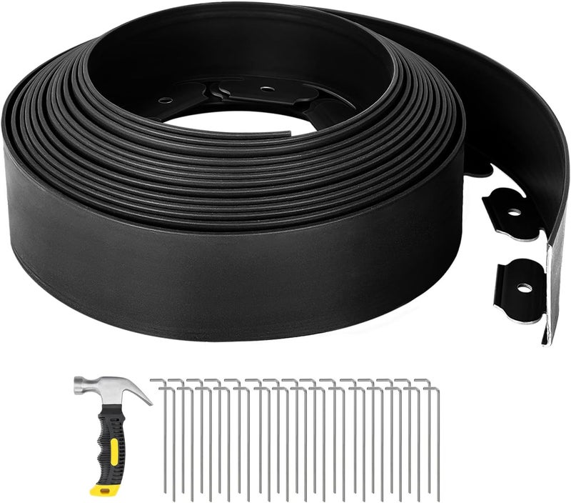 GROWNEER 33FT Landscape Edging Flexible 4 inch Tall Garden Border with 30pcs Galvanized Steel Anchoring Spikes and Hammer Lawn Edging Kit for Flower Bed, Pathway, Landscaping Project, Black - Image 1